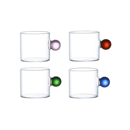 Four clear glass cups with colorful knobs on a white background