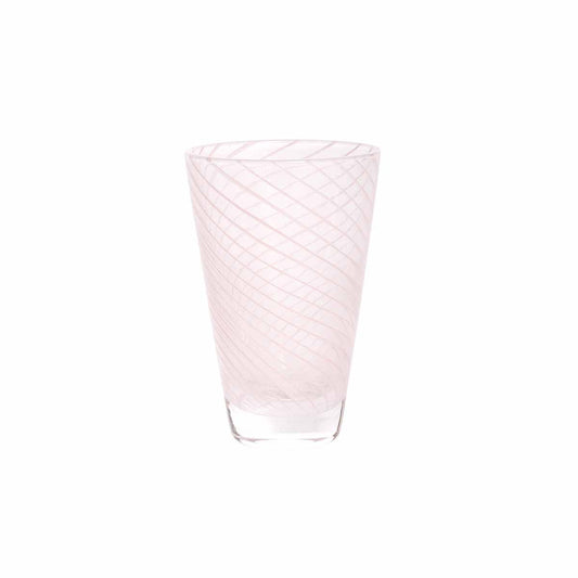 Clear glass tumbler with pink wavy pattern on a white background