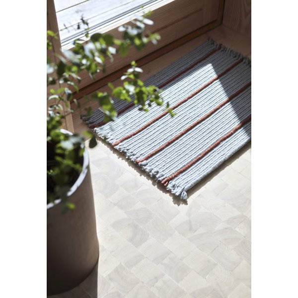 Striped rug on a light-colored floor with a plant in the foreground