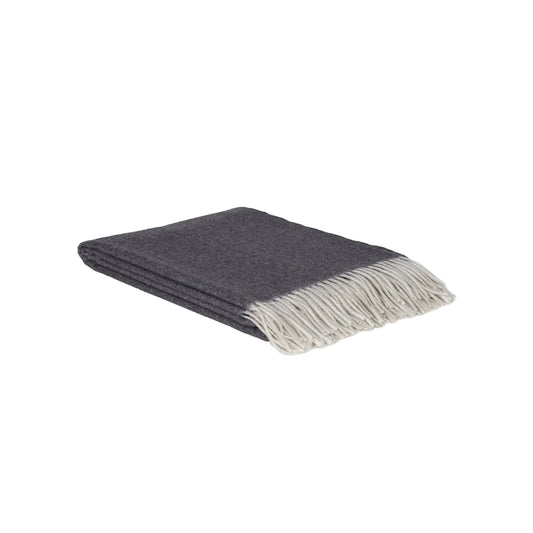 Gray throw blanket with white fringe on a light gray background