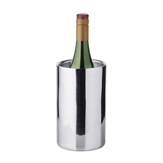 Stainless steel wine cooler with a bottle inside on a white background