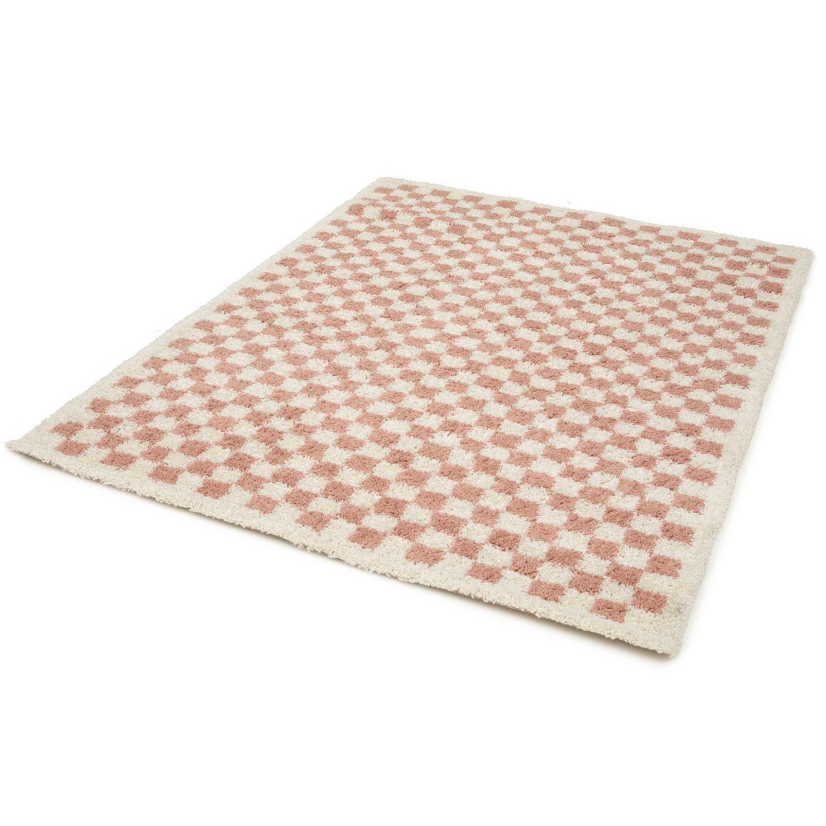 Checkered rug with pink and white pattern on a white background