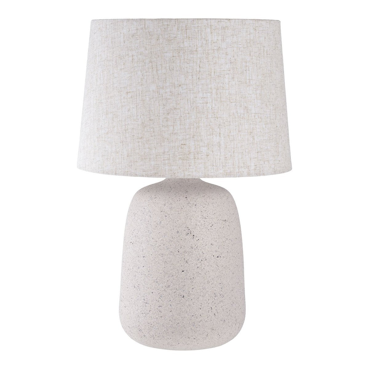 Table lamp with a textured white base and light gray shade on a white background