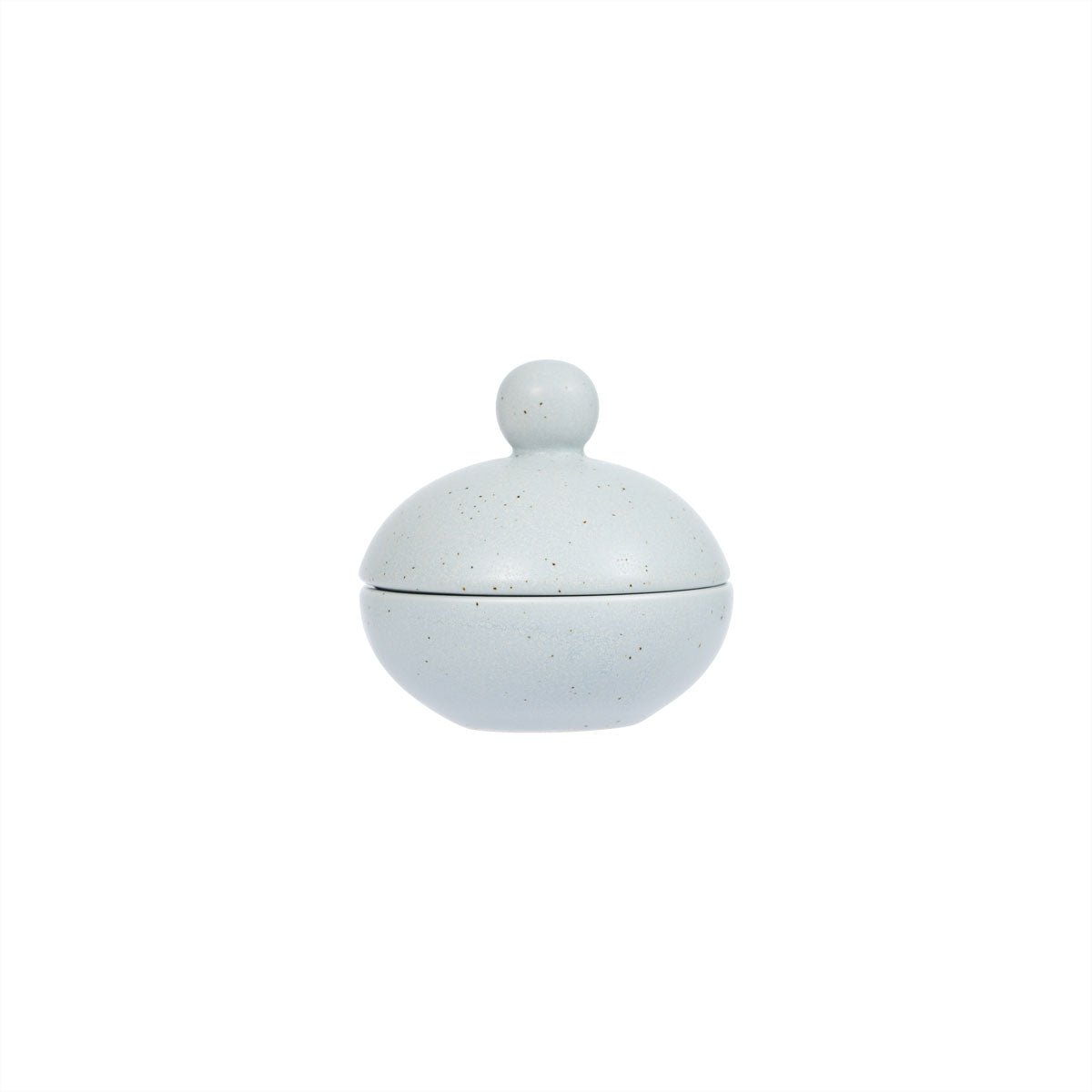 Round ceramic container with a lid on a white background