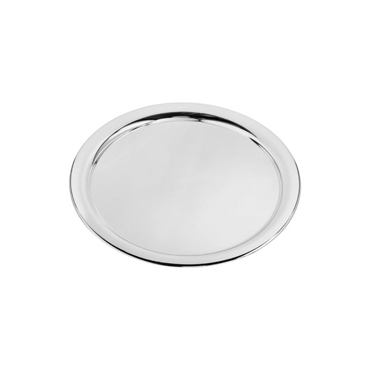 Silver round tray on a white background