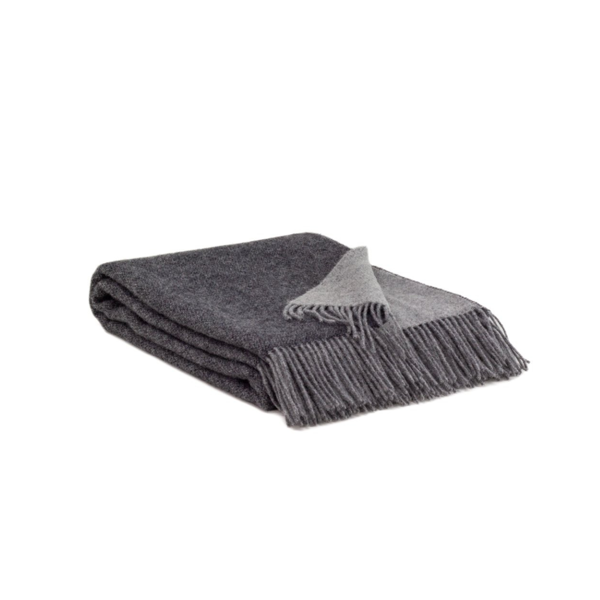 Gray throw blanket with fringe on a white background