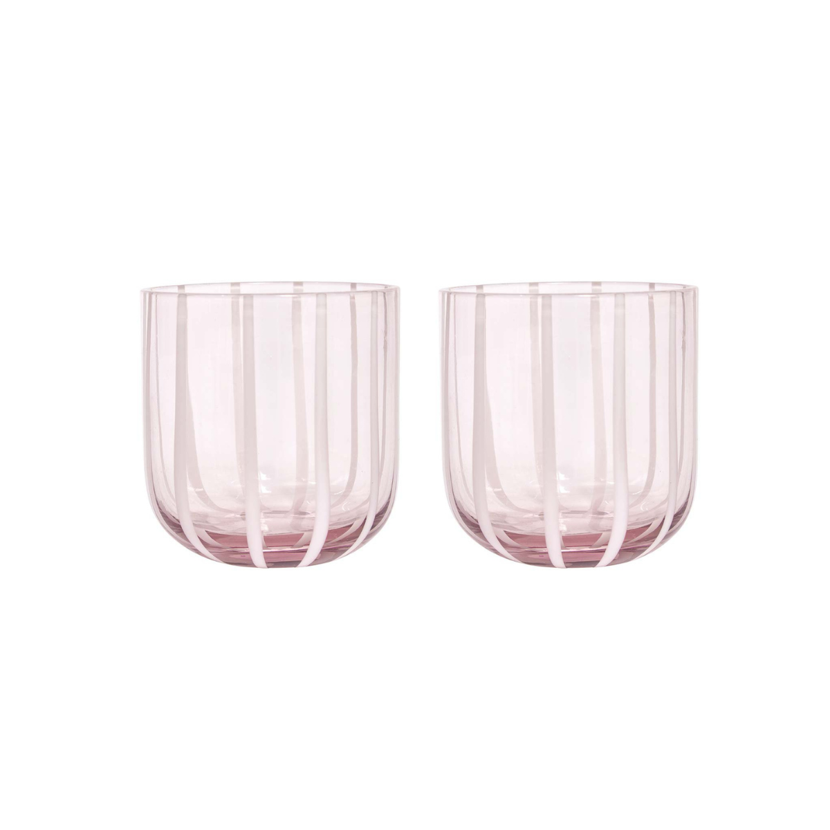 Two pink glass tumblers with striped design on a white background